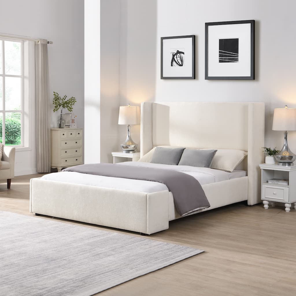 White Upholstered Platform Bed Frame with 49.6" Tall Wingback Headboard for Bedroom, Wood Slats Support, No Box Spring Needed