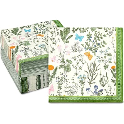Floral Paper Napkins for Garden Party, Green Botanical Herb (6.5 In, 150 Pack)