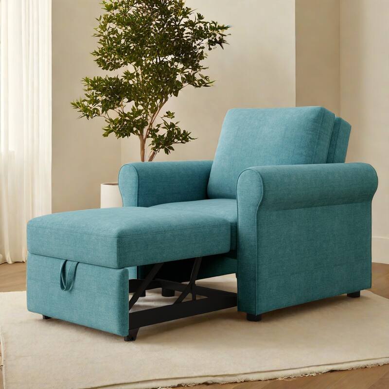 3-in-1 Linen Sofa Bed Chair with Adjustable Backrest and Folding Single Bed for Living Room Apartment - Teal
