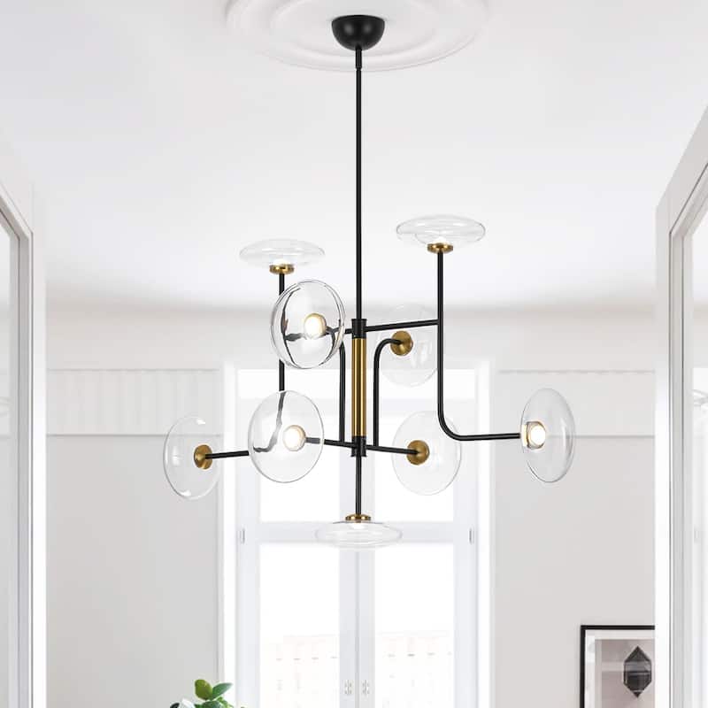 Mid Century 9-Light Disc Glass Dimmable LED Sputnik Chandelier - N/A - Black & Brass