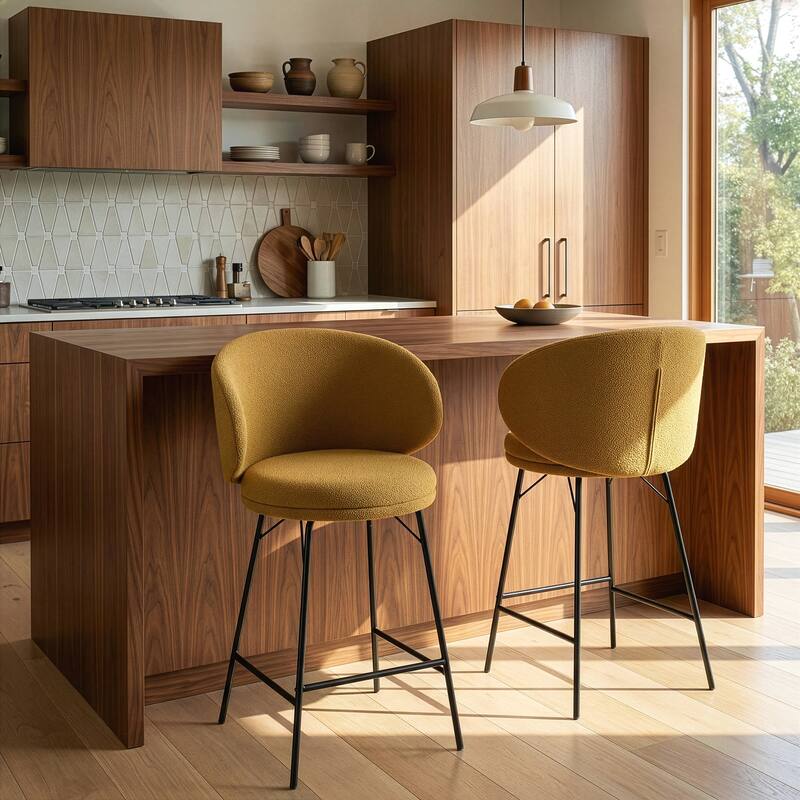 Set of 2 Baxter Brown Boucle Fabric Counter Stool with Black Iron Legs