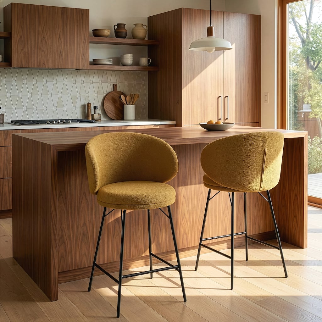 Set of 2 Baxter Brown Boucle Fabric Counter Stool with Black Iron Legs