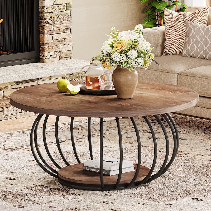 39.4" Rustic Metal Round Coffee Tables for Living Room