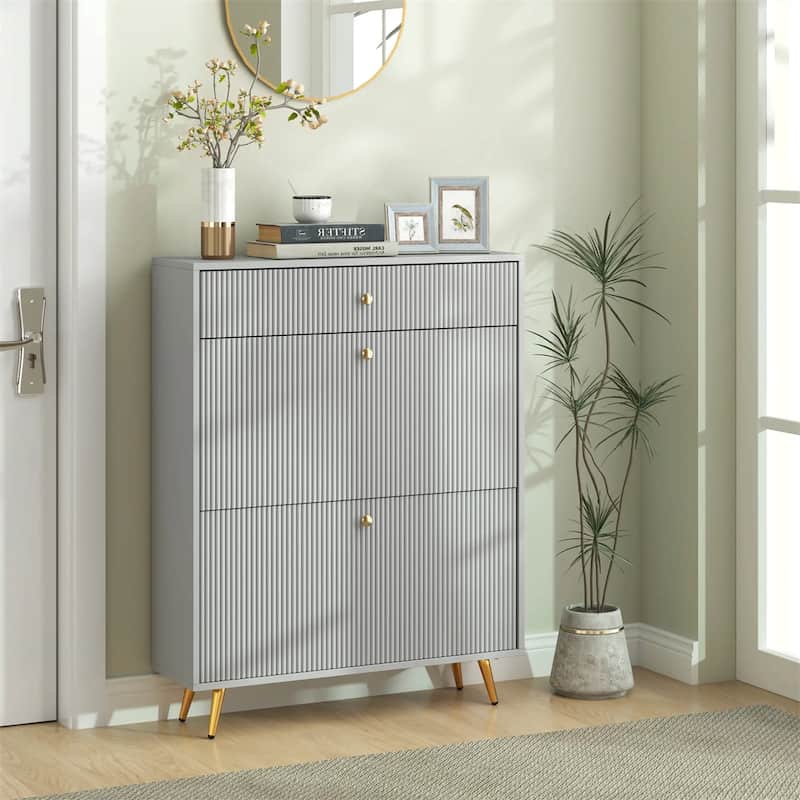 Modern Shoe Cabinet with Flip Storage Drawers and Gold Handles Adjustable Shelves for 12 Pairs - 31.5" W x 9.4" D x 40" H