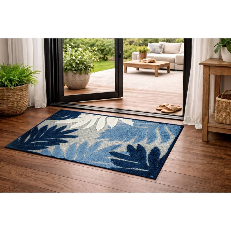 World Rug Gallery Indoor/Outdoor High-Low Textured Area Rug, Palm Easy-Clean Patio Rug - 2' x 3' - Navy