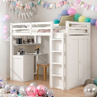 Elegant Twin size Loft Bed with Drawers, Desk and Wardrobe, Health and Comfort, Sturdy Construction & Safety Guaranteed, White