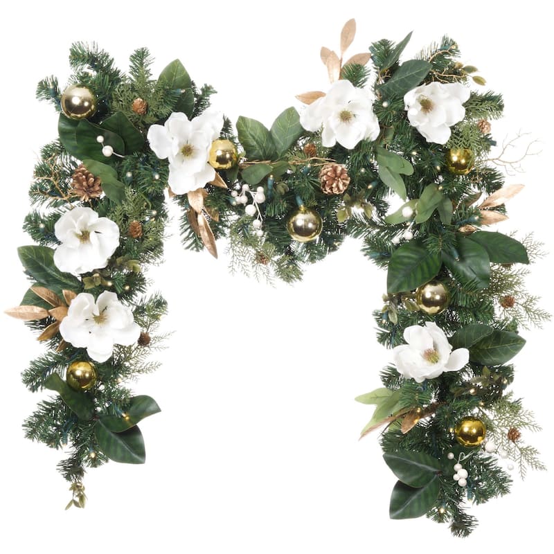 9 ft. Artificial Christmas Garland with Lights - White Gold Magnolia - 9 Foot
