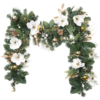 9 ft. Artificial Christmas Garland with Lights - White Gold Magnolia - 9 Foot
