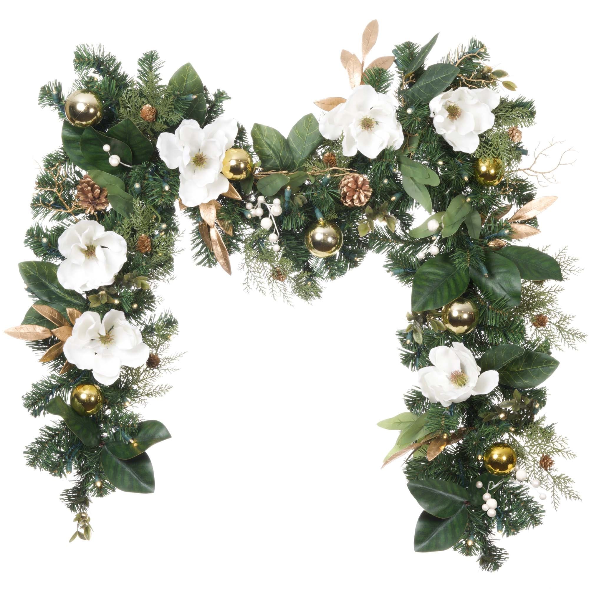 9 ft. Artificial Christmas Garland with Lights - White Gold Magnolia - 9 Foot