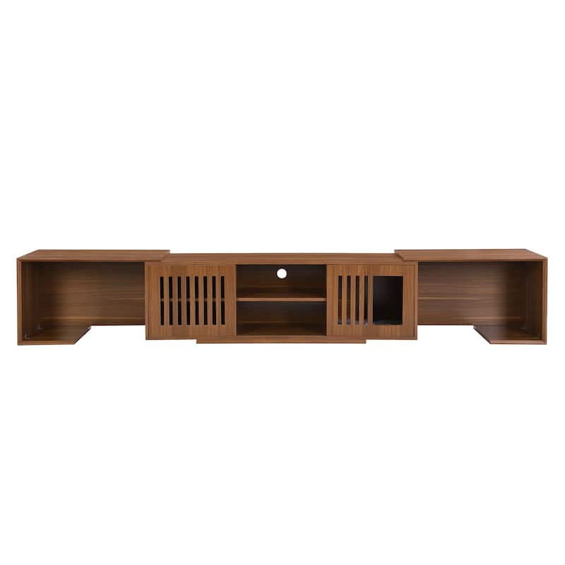 TV Stand with Slatted Doors, Cat-Friendly Private Compartments, Wood Media Console with Adjustable Length