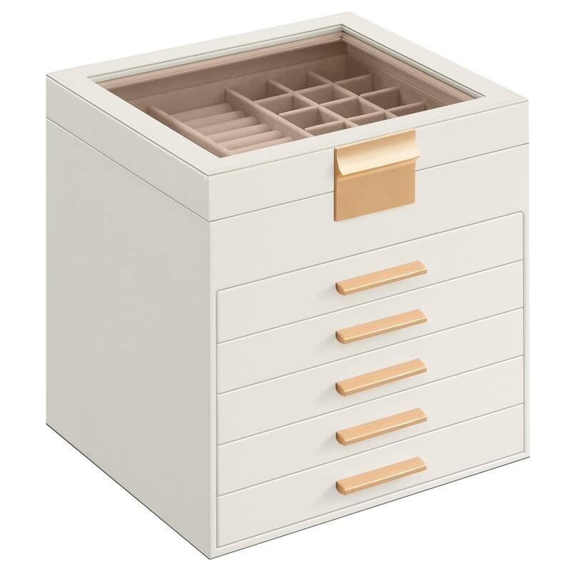 Jewelry Box with Glass Lid - Cloud White + Gold 6 Layer (9"H)