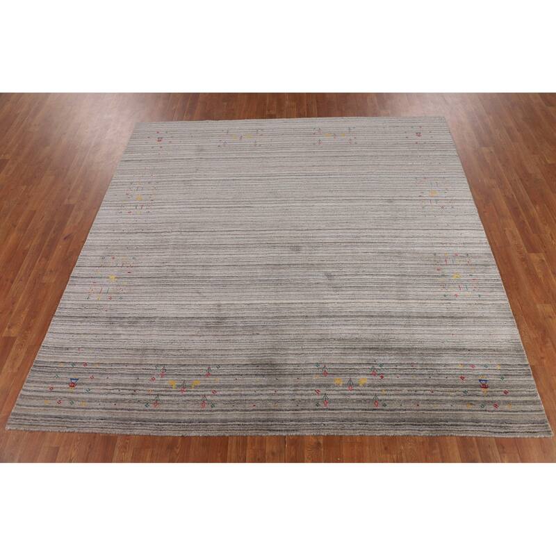 Earth Tone Striped Gabbeh Square Area Rug Hand-Knotted Wool Carpet - 8'0" X 7'10"