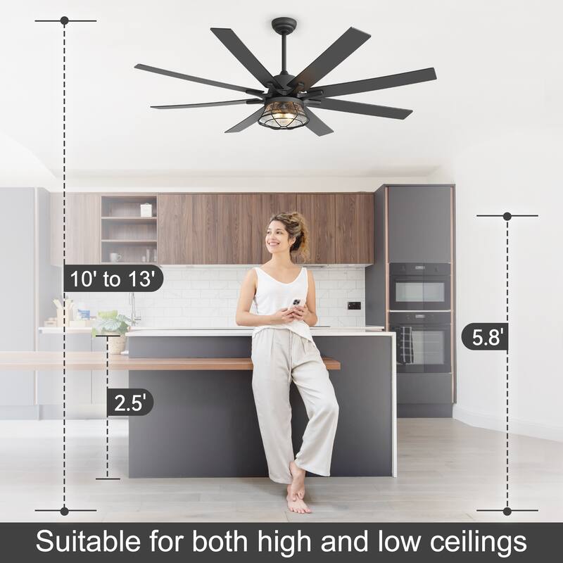 65" Industrial Seeded Glass Black Decorative Ceiling Fan with Remote and Light Kit