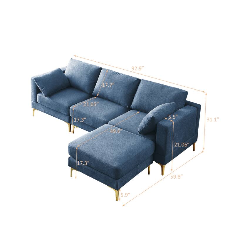 92'' Fabric L-Shape 3-Seater Sofa with Ottoman, Gold Metal Legs, and Toss Pillows