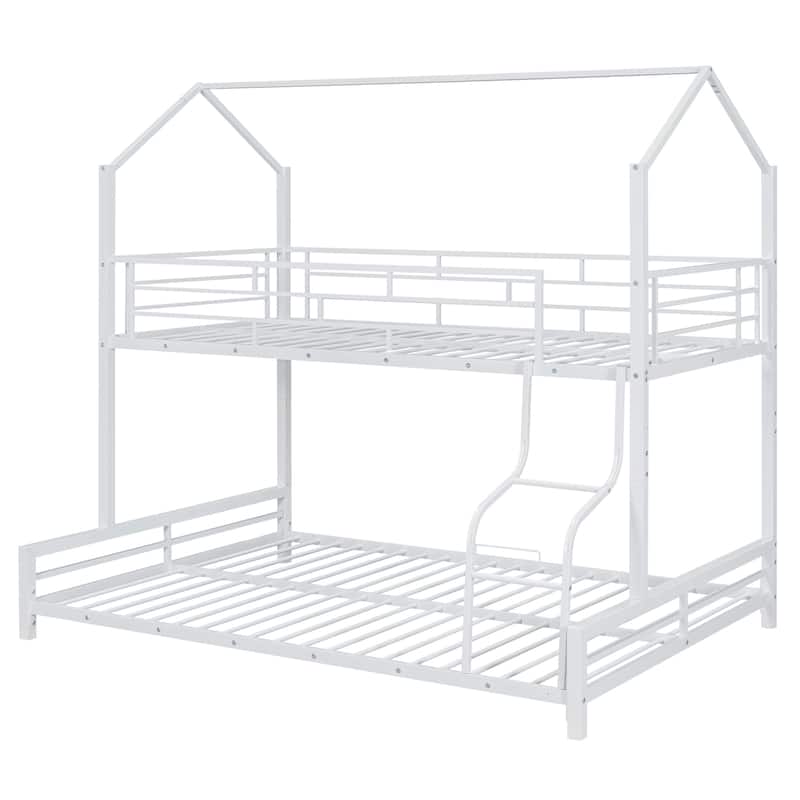 Twin Over Full Kids Heavy Metal House Low Bunk Bed, Convertible Floor Bunk Bed Frame with Full-Length Guardrail and Ladder