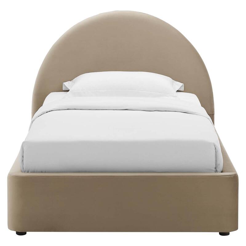 Palmetto Modern Round Headboard Taupe Velvet Upholstered Twin Size Platform Bed