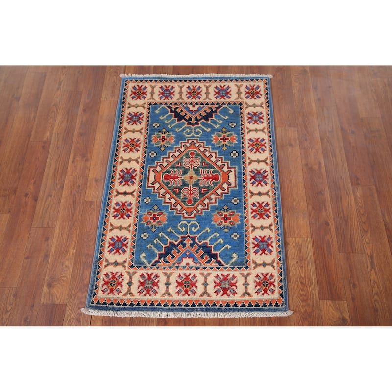 Blue Kazak Oriental Accent Rug Hand-Knotted Wool Carpet - 2'0" x 3'1"