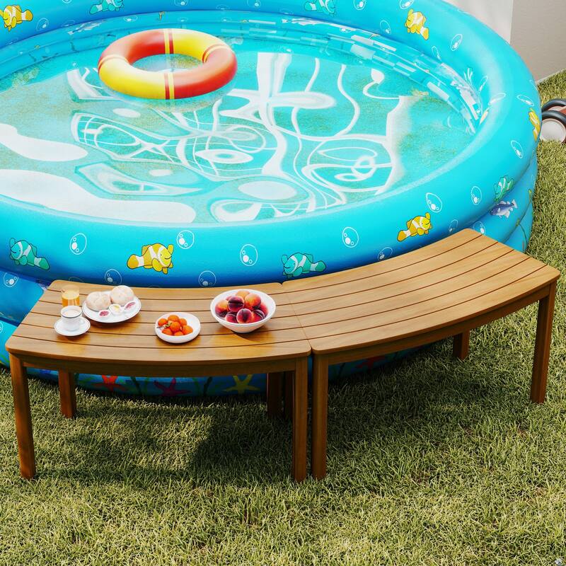 Gymax Outdoor Curved Acacia Wood Bench Set of 2 Patio Garden Backless