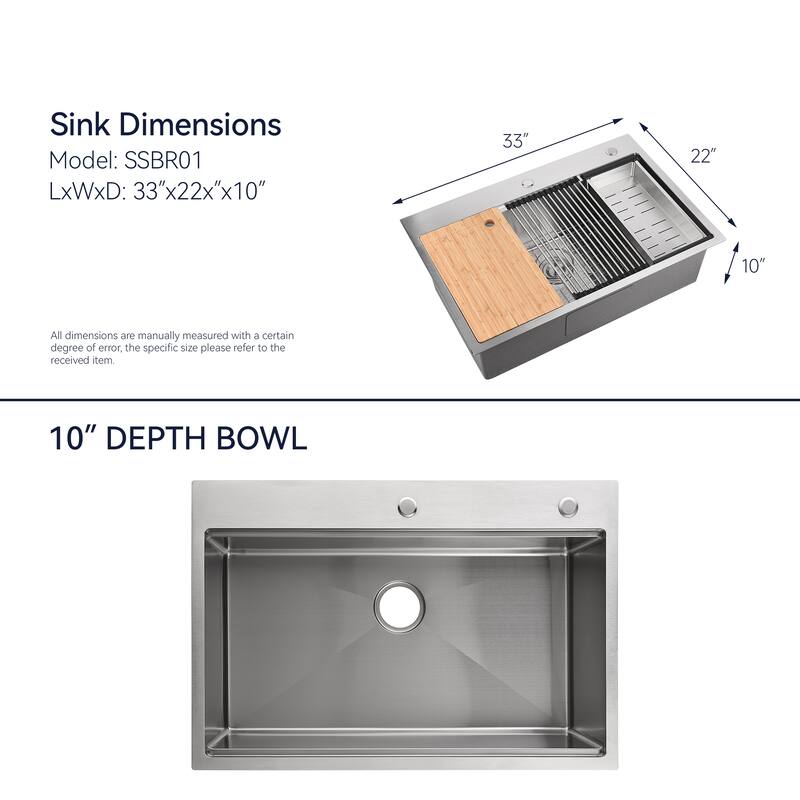 Dark Gray 33 Inch Single Bowl Overmount Kitchen Sink 304 Stainless Steel Brushed Chrome with Cutting Board, Dish Grid