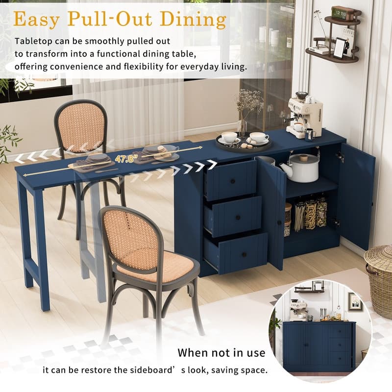 Multifunctional 89.7" Wooden Sideboard with Extendable Table and Storage for Living Room Organization