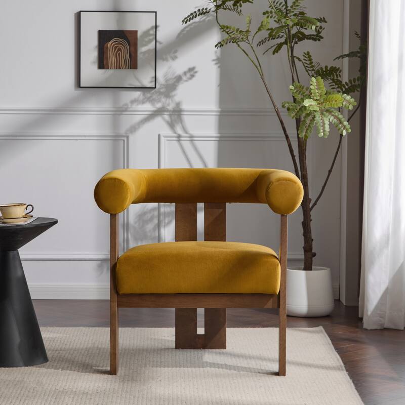 Roomfitters Modern Upholstered Round Arm Accent Chair with Wood Frame, - Mustard yellow