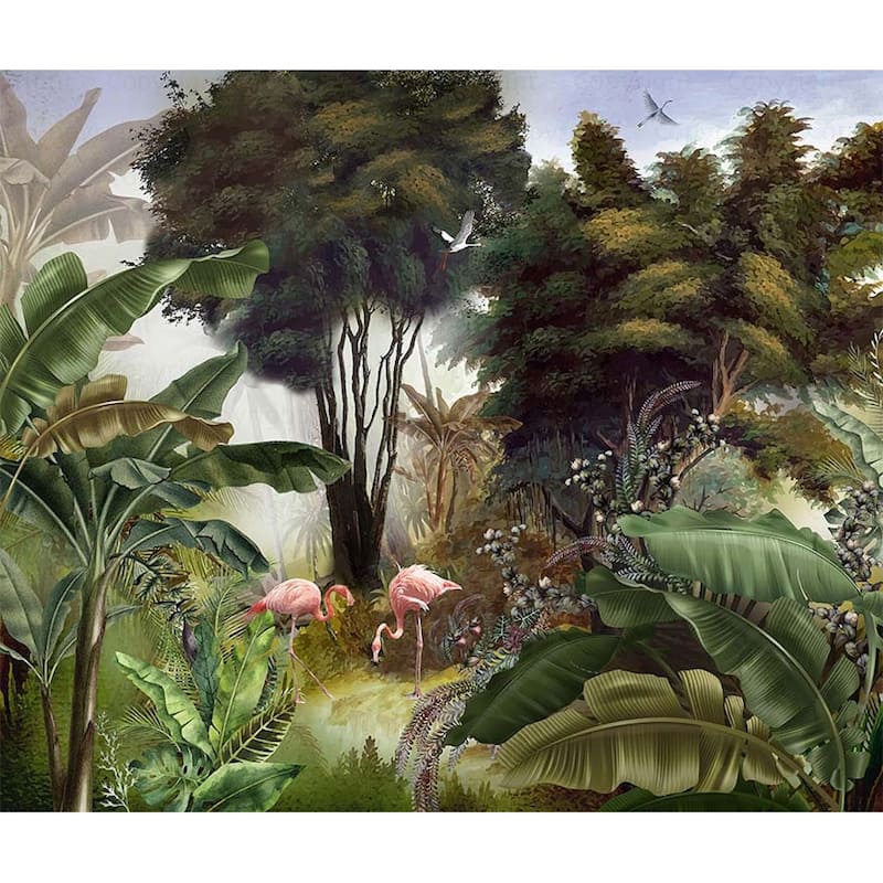 Exotic Jungle Mural Vibrant Flamingos and Tropical Foliage Design - Brown - W:122" x H:110"