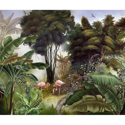 Exotic Jungle Mural Vibrant Flamingos and Tropical Foliage Design
