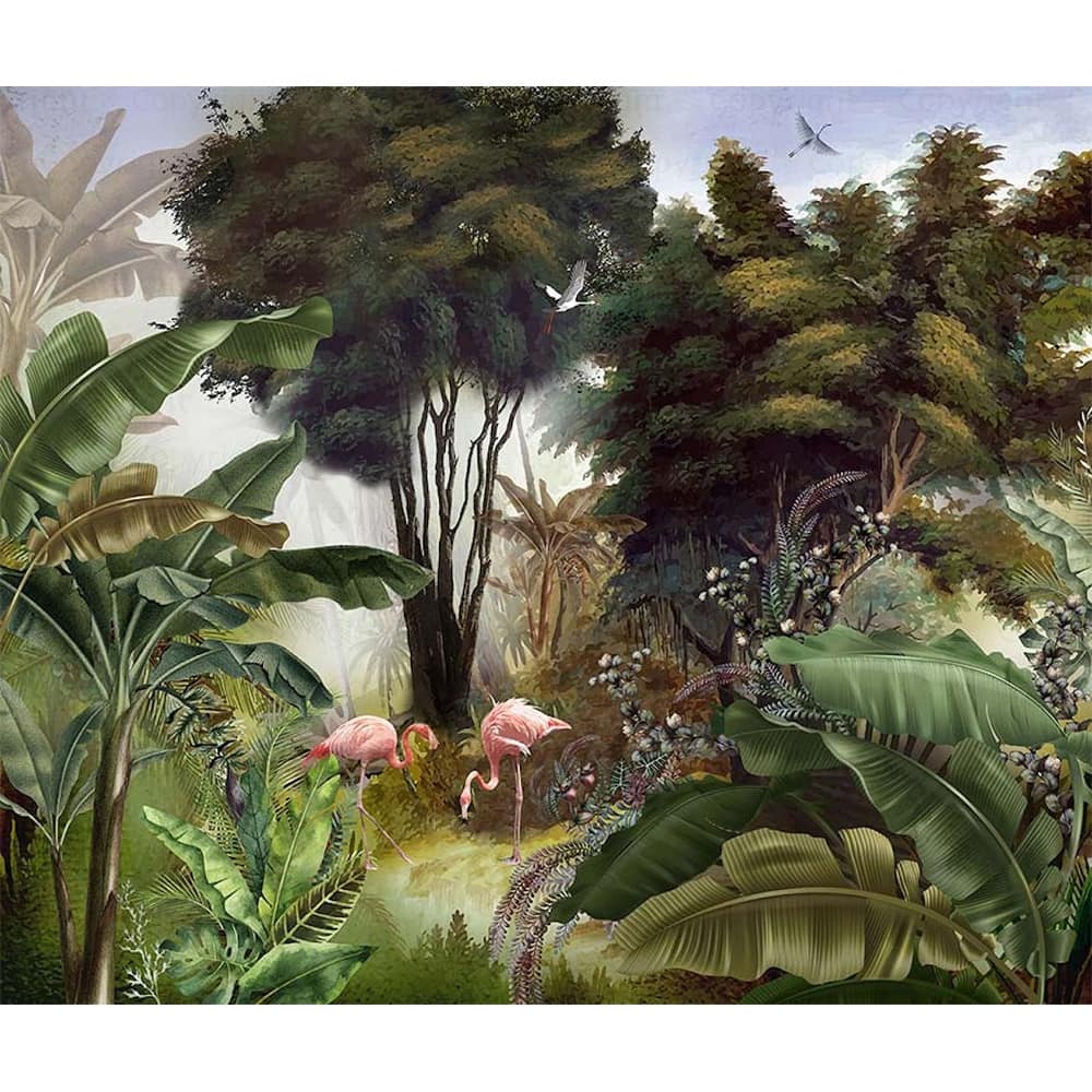 Exotic Jungle Mural Vibrant Flamingos and Tropical Foliage Design