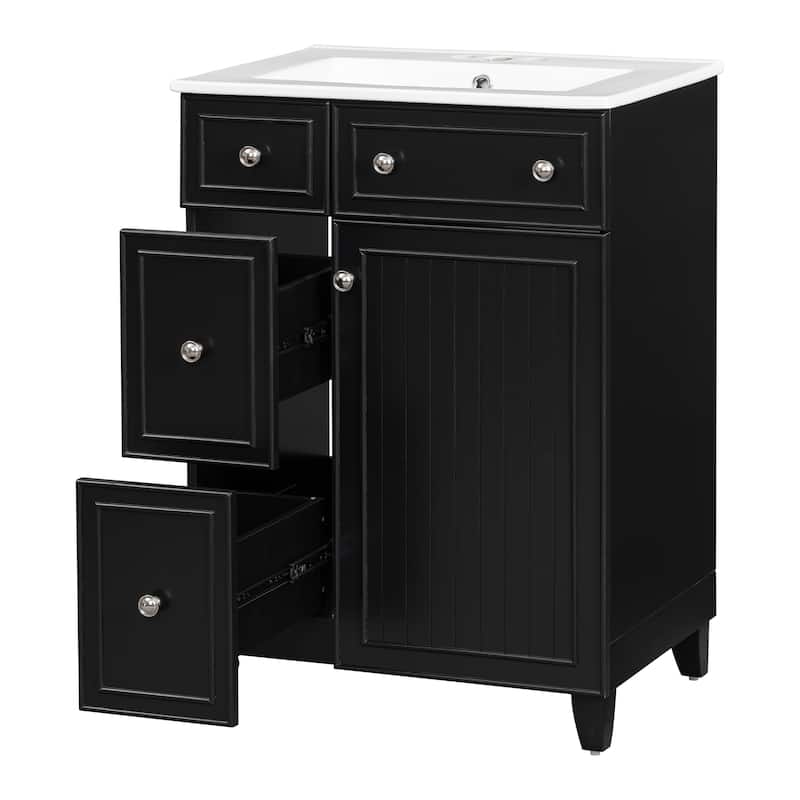 24" Bathroom Vanity Cabinet with Ceramic Sink & 2 Drawers, Bathroom Storage Cabinet Free-standing Single Sink Cabinet, Black