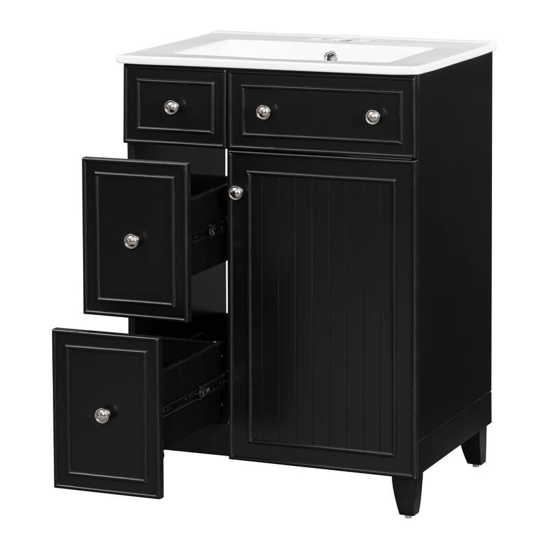 24 Inch Bathroom Vanity Cabinet with Ceramic Sink, 2 Drawers & Door, Bathroom Storage Cabinet Free-standing Single Sink Cabinet