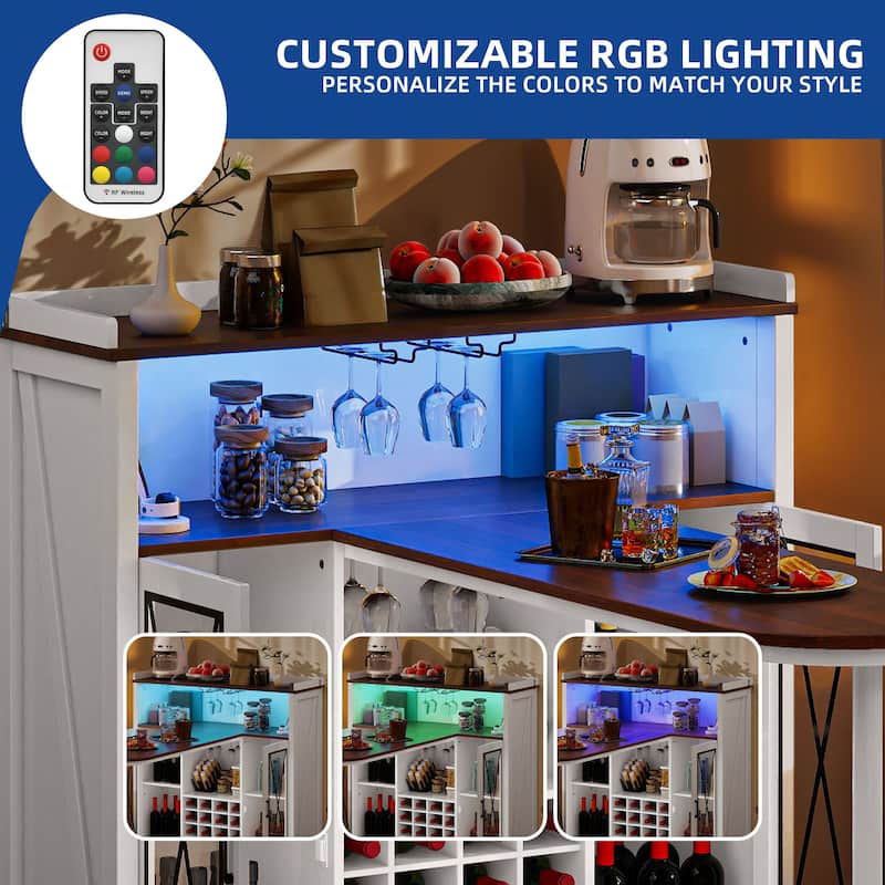 Moasis 47"W Farmhouse Barn Door Coffee Bar Cabinet with LED Lights, Wood Wine Cabinet with Charging Station