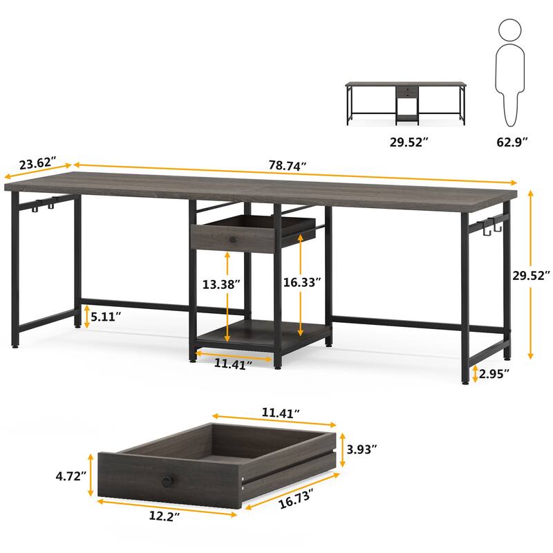 Extra Long Two Person Desk,Industrial Workstation for Home Office，78’’ Double Computer Desk with Drawers and Storage Shelves