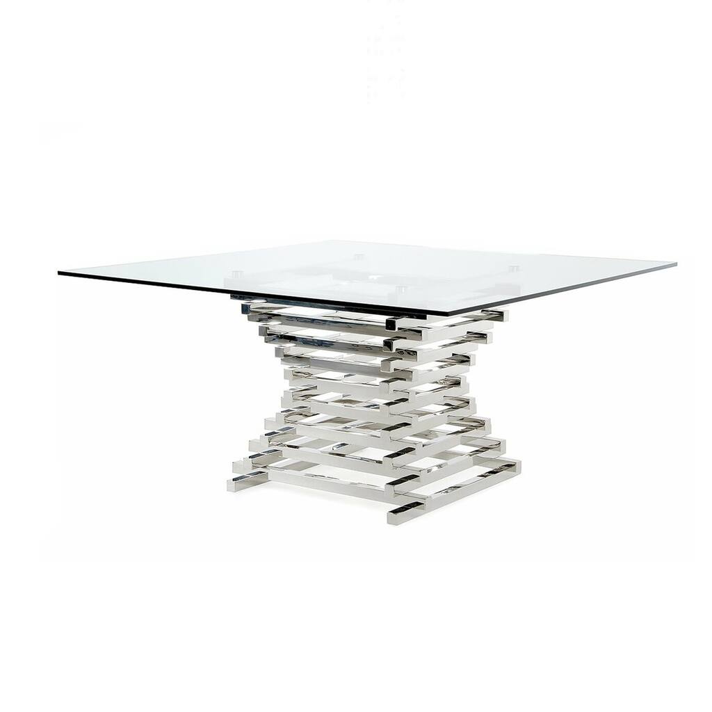 59 Inch Modern Square Glass Dining Table with Crossed Metal Base, Chrome