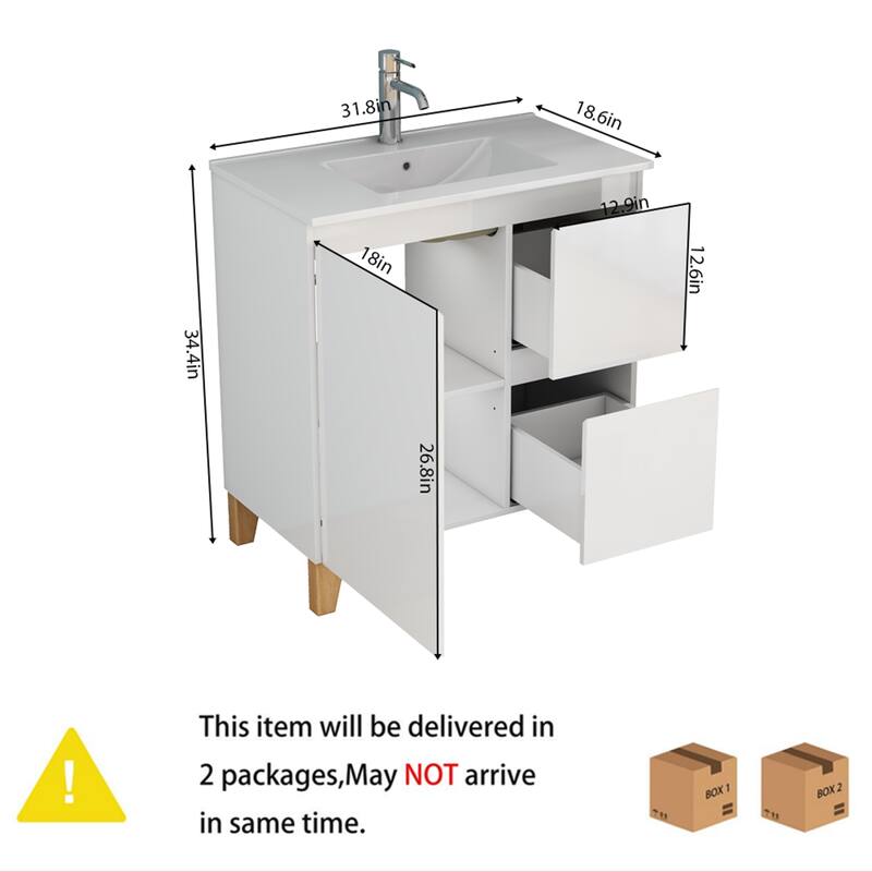 30" Wall-Mounted Bathroom Vanity With Ceramic Art Sink & 2-Soft-Close Door, KD-Packing, Plywood