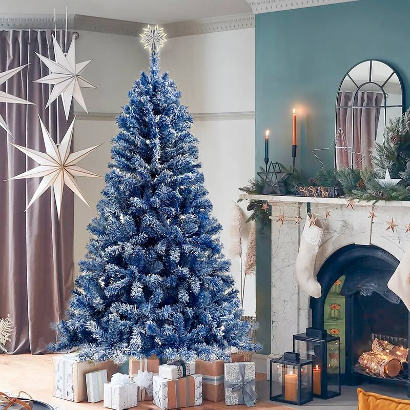 6FT Pre-Lit Snow Flocked Christmas Tree, 750 Branch Tips, Hinged Artificial Fir for Home & Office, Stable Base