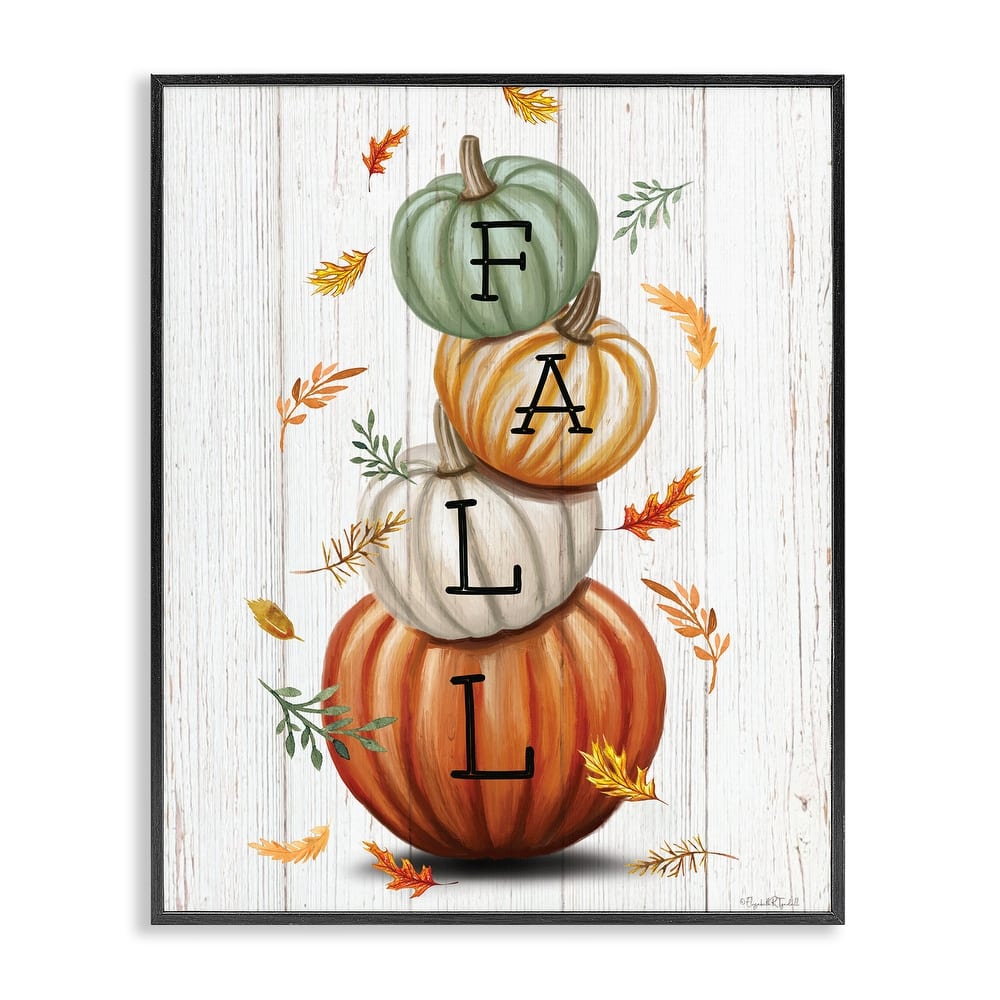 Stupell Falling Leaves & Pumpkin Stack Framed Giclee Art Design By Elizabeth Tyndall