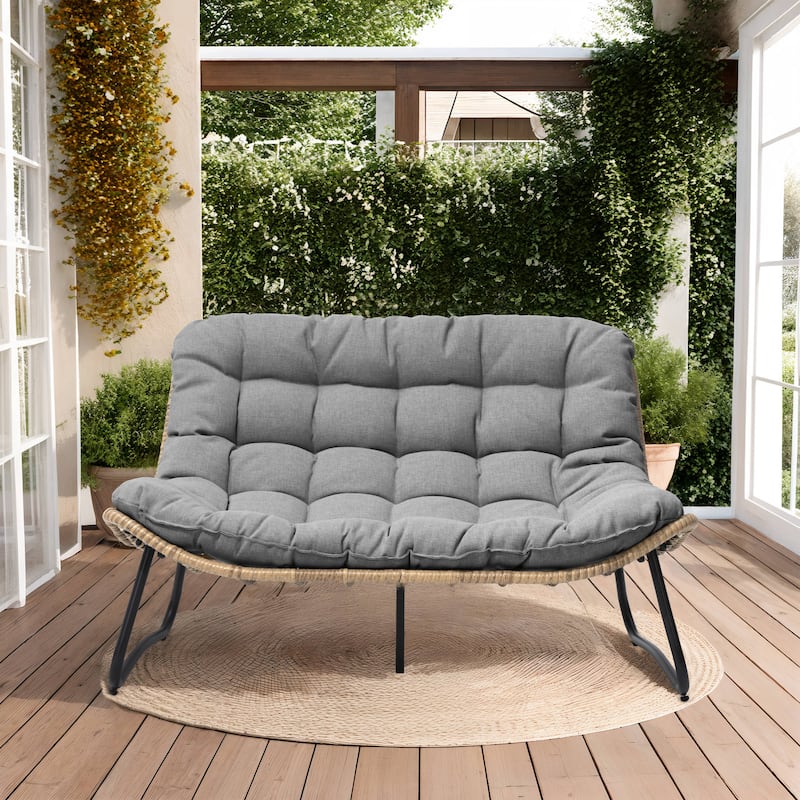 Double Papasan PE Rattan Chair Loveseat with Cushion For Indoor Outdoor - DarkGrey