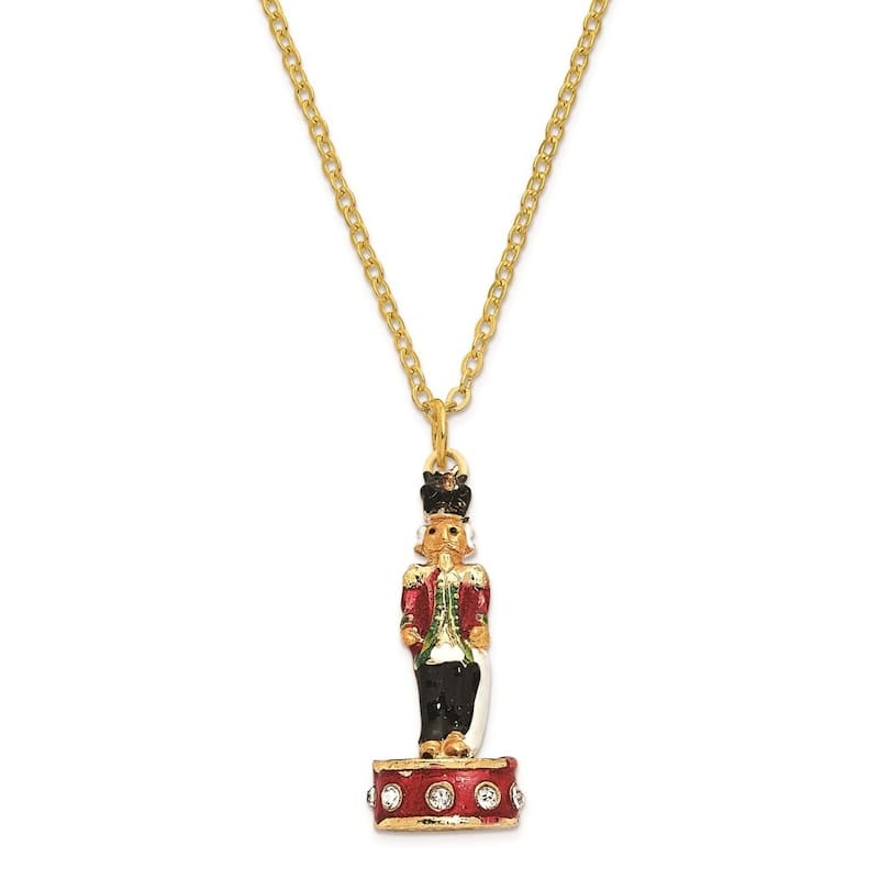 Curata Pewter Bejeweled Crystals Gold-Tone Enameled Christoph Nutcracker Trinket Box on 18 Inch Necklace
