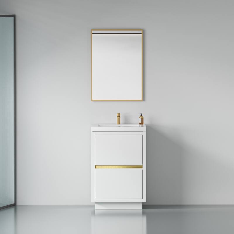 24" Bathroom Storage Vanity Cabinet with U-Shaped Sink, Soft-Close Drawers and Durable Stone Resin Countertop - 23.62in L Wood - 23.62in L Glossy White