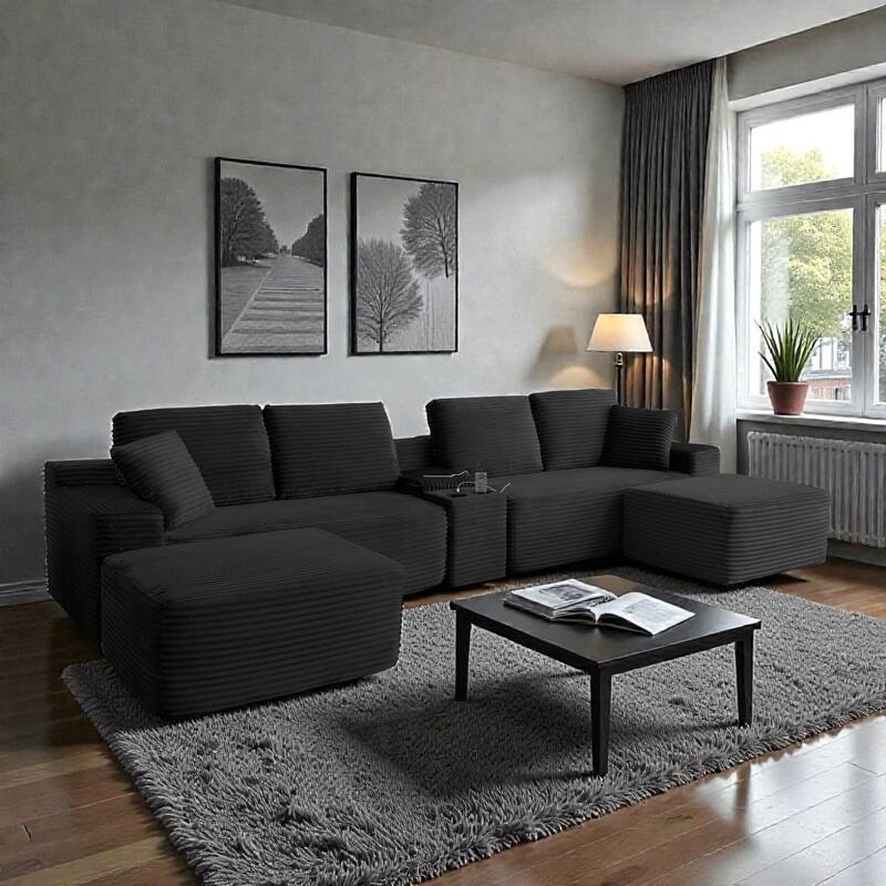 125" L Shaped Sectional Sofa with 2 Ottomans, Cloud Corduroy Couch with Deep Seat, Cup Holders and USB Ports