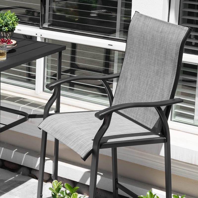 Outdoor 3-Piece Textilene Bar Set, Height Back Bar Stools and Umbrella Hole, Black and Gray