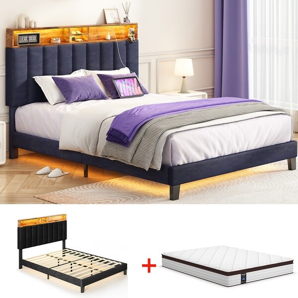 熱販売 Platform Velvet Frame Bed Queen and Full Bed Wingback with 趣味