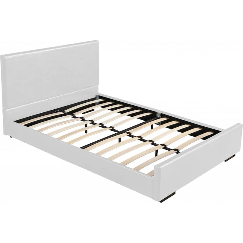 White Faux Leather Queen Bed Frame with Upholstered Panel Headboard and Slats - White