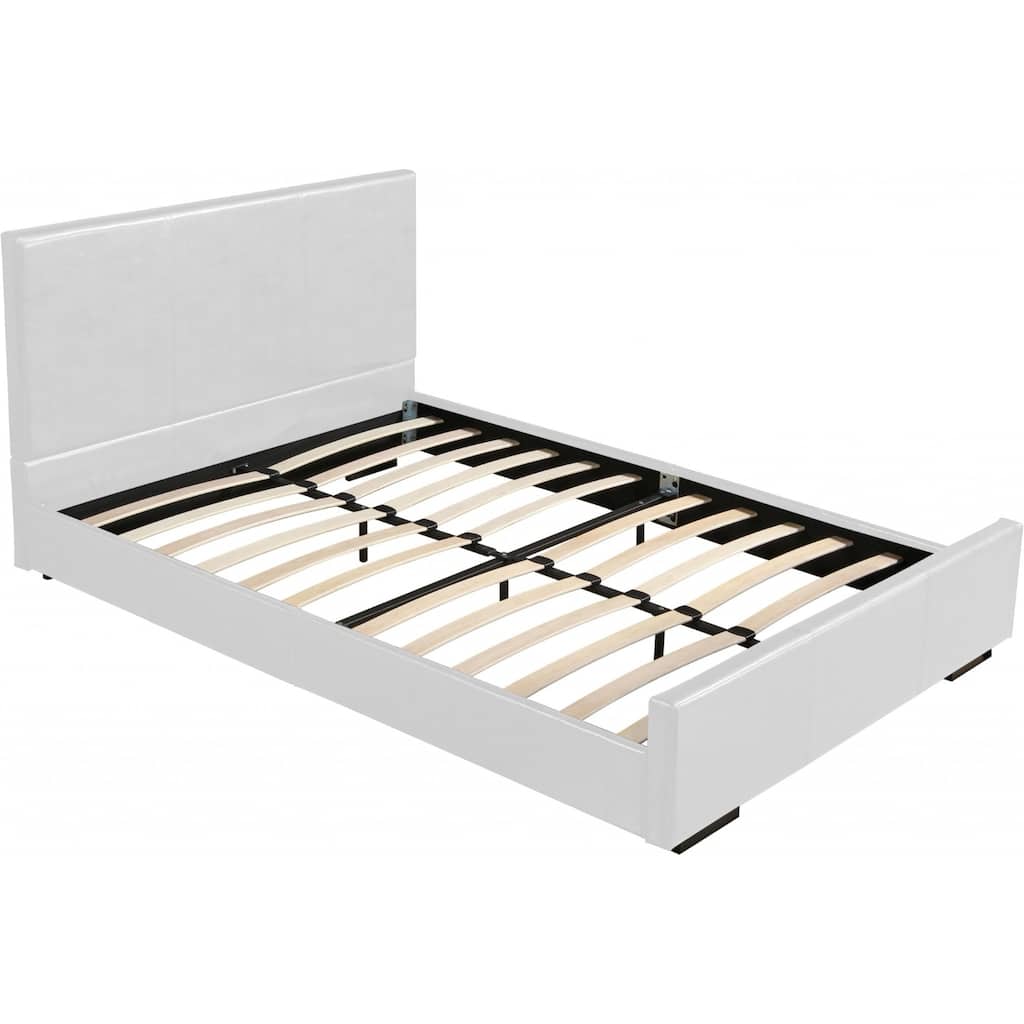 White Faux Leather Queen Bed Frame with Upholstered Panel Headboard and Slats