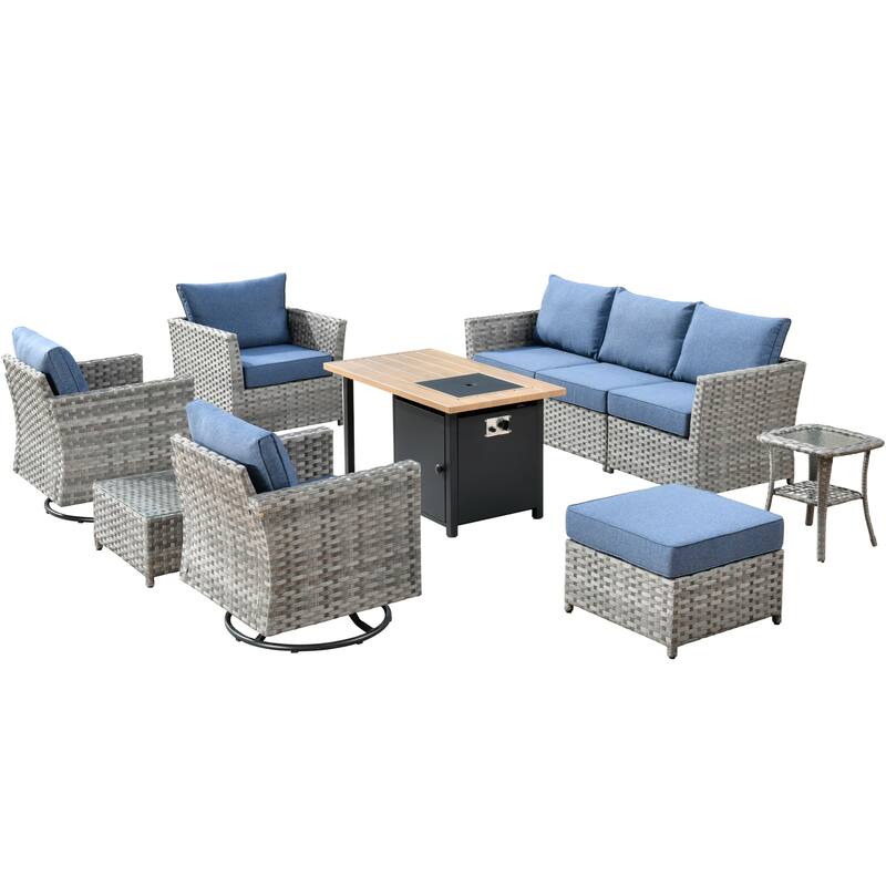 OVIOS 10-Piece Patio Wicker Conversation Rocking Chair Set With Fire Table