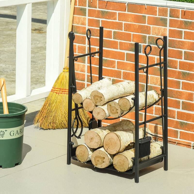 Outsunny 18" 2-Tier Firewood Log Wood Storage Rack with Shovel, Broom, Poker, Tongs and Hooks, for Fireplaces, Black - Black
