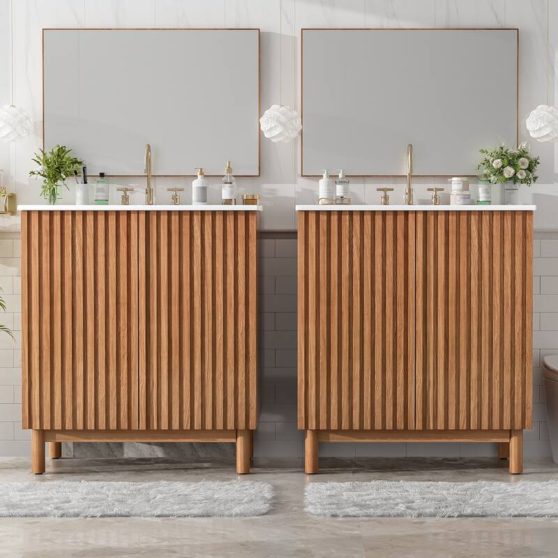 29.9 Inch Single Sink Bathroom Vanity / 59.8 Inch Double Sink Bathroom Vanity, Bathroom Storage Cabinet with Ceramic Sink