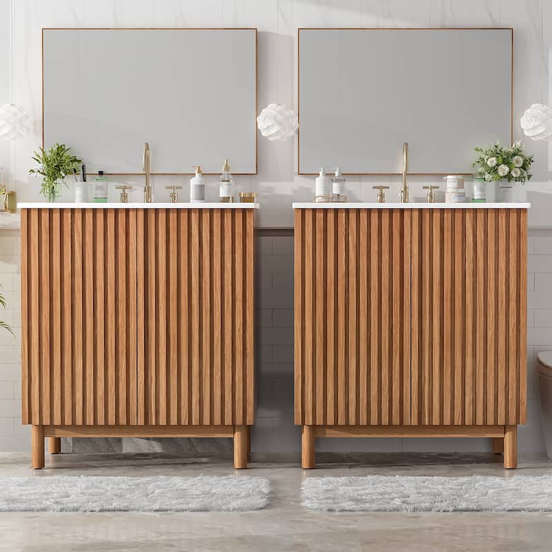 GDFStudio - Eleanor Traditional Wood Grain Bathroom Vanity with U-Shaped Adjustable Shelf, Ceramic Sink & Soft-Close Doors