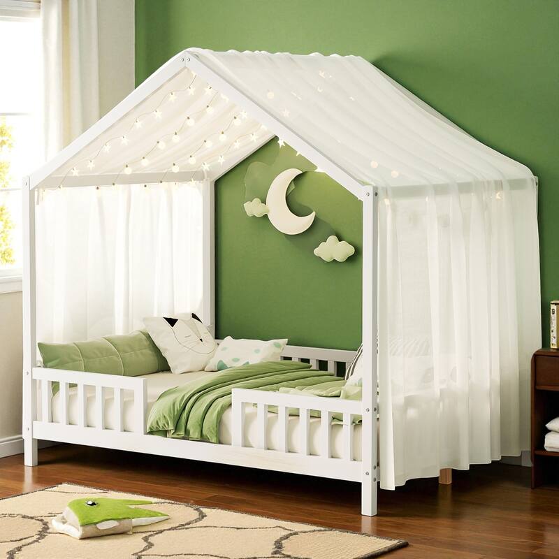 Montessori House Bed with Canopy, Twin/Full Kids Floor Bed Frame with High Railings, Wooden Roof Bed for Toddlers and Children - White - Full