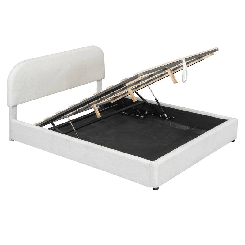 Grounded Bed Upholstered Platform Bed Storage Bed with Curved Headboard and Hydraulic Storage System Under Bed, Teddy Fleece